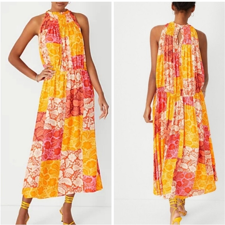 Ann Taylor Floral Printed Patchwork Sleeveless Tonic Maxi Dress Large Petite Lp